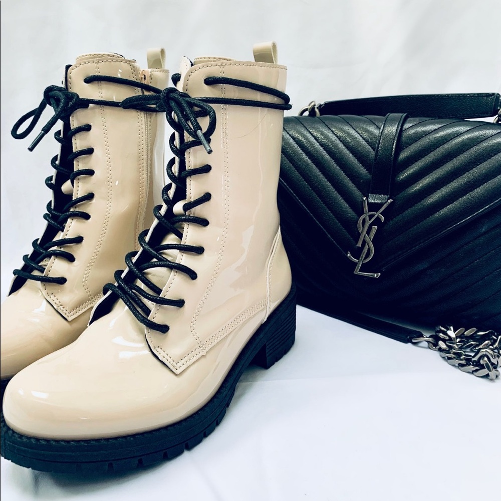 High shine cream combat boots